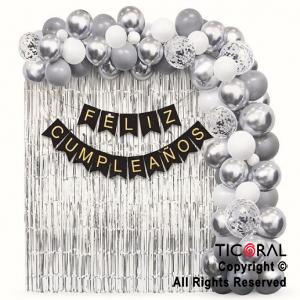 SET DE GLOBOS ARCO XL FELIZ CUMPLEA�OS BANDERIN BLANCO Y PLATA 70 UNIDADES